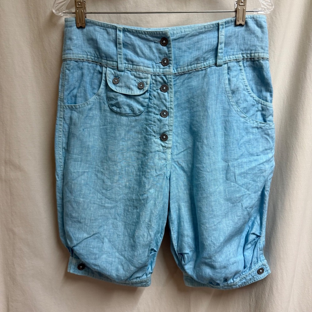 120% Lino Light Blue Linen High Waisted Button Fly Knickerbocker Shorts 40